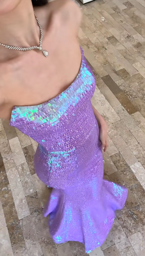 Vestido de fiesta largo con lentejuelas lilas, sin tirantes y corte sirena brillante, vestido de fiesta, vestido de noche GG2915