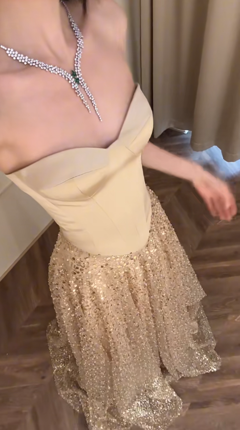 Vestido de fiesta largo de satén, tul y lentejuelas, sin tirantes, corte A, brillante, GG2916