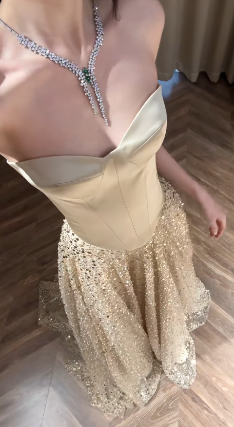 Vestido de fiesta largo de satén, tul y lentejuelas, sin tirantes, corte A, brillante, GG2916