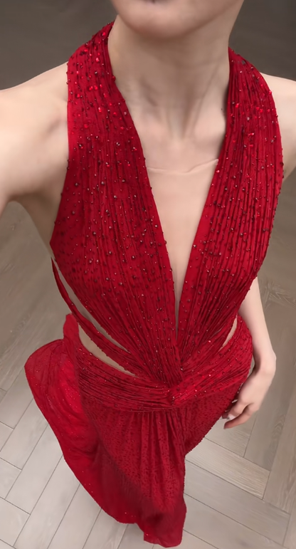 Impresionante vestido de fiesta largo de sirena con cuello halter de satén rojo y cuentas, vestido de fiesta, vestido de noche GG2917