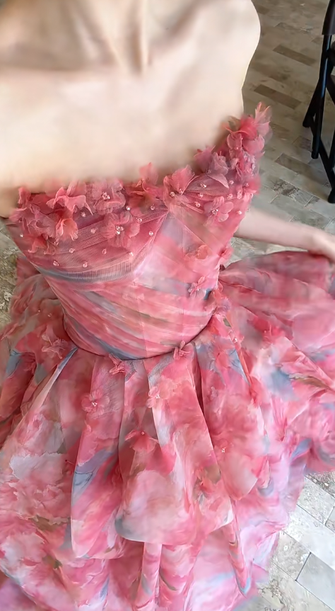 Hermoso vestido largo de gasa con estampado, corte A, sin tirantes, para fiesta de graduación o de noche GG2918