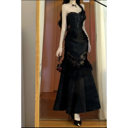 Hermoso vestido de fiesta largo de sirena sin tirantes, de satén negro y encaje, para graduación, noche, GG2919