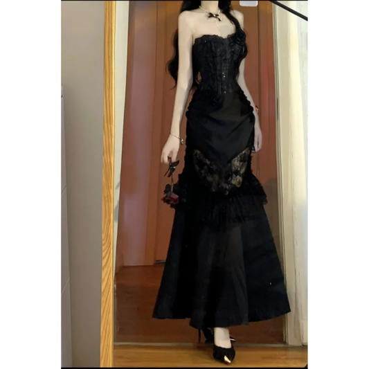 Hermoso vestido de fiesta largo de sirena sin tirantes, de satén negro y encaje, para graduación, noche, GG2919