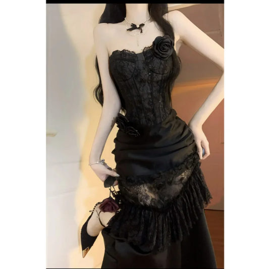 Hermoso vestido de fiesta largo de sirena sin tirantes, de satén negro y encaje, para graduación, noche, GG2919