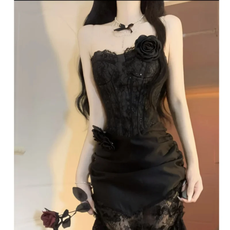 Hermoso vestido de fiesta largo de sirena sin tirantes, de satén negro y encaje, para graduación, noche, GG2919