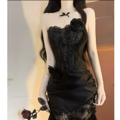 Hermoso vestido de fiesta largo de sirena sin tirantes, de satén negro y encaje, para graduación, noche, GG2919