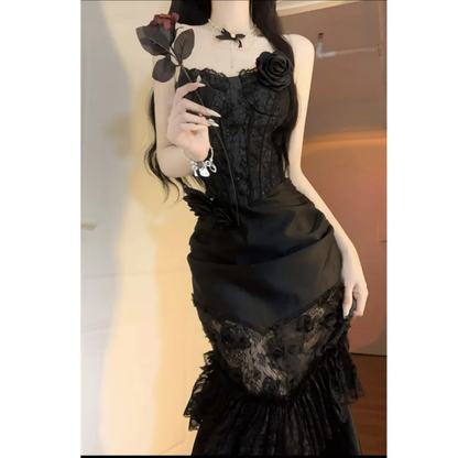 Hermoso vestido de fiesta largo de sirena sin tirantes, de satén negro y encaje, para graduación, noche, GG2919