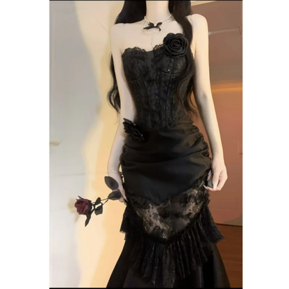 Hermoso vestido de fiesta largo de sirena sin tirantes, de satén negro y encaje, para graduación, noche, GG2919