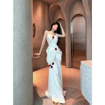Vestido largo de fiesta, de noche y de fiesta, de satén blanco con escote corazón y apliques de sirena, GG2920