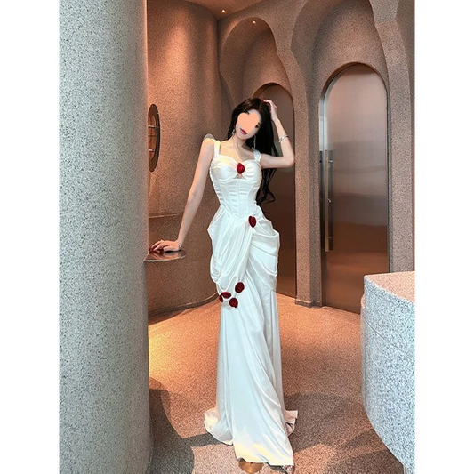 Vestido largo de fiesta, de noche y de fiesta, de satén blanco con escote corazón y apliques de sirena, GG2920