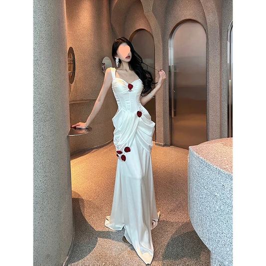 Vestido largo de fiesta, de noche y de fiesta, de satén blanco con escote corazón y apliques de sirena, GG2920