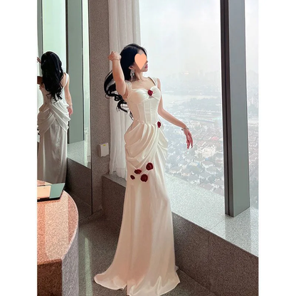 Vestido largo de fiesta, de noche y de fiesta, de satén blanco con escote corazón y apliques de sirena, GG2920