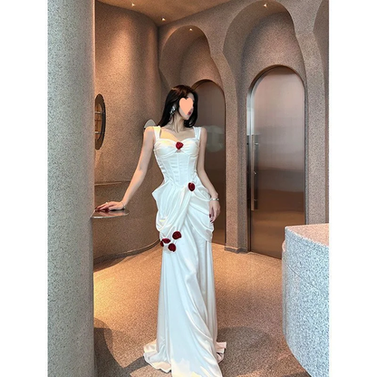 Vestido largo de fiesta, de noche y de fiesta, de satén blanco con escote corazón y apliques de sirena, GG2920