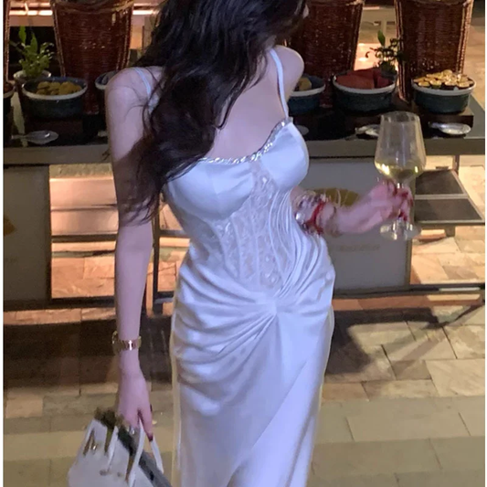 Elegante vestido de fiesta largo plisado de satén blanco con tirantes finos y corte sirena, vestido de fiesta y vestido de noche GG2921