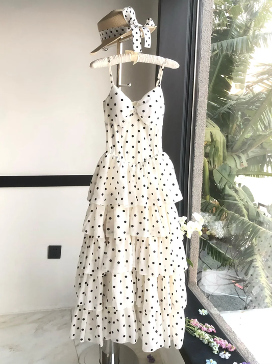 Vestido largo elegante de gasa con lunares, corte A y tirantes finos, para fiesta de graduación o noche (GG2925)
