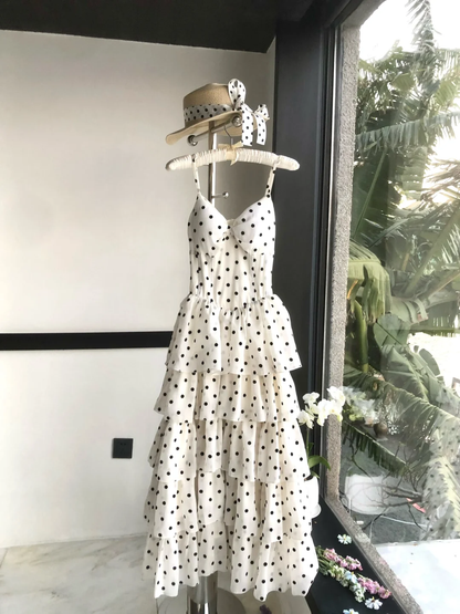 Vestido largo elegante de gasa con lunares, corte A y tirantes finos, para fiesta de graduación o noche (GG2925)