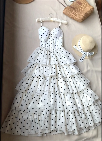 Vestido largo elegante de gasa con lunares, corte A y tirantes finos, para fiesta de graduación o noche (GG2925)