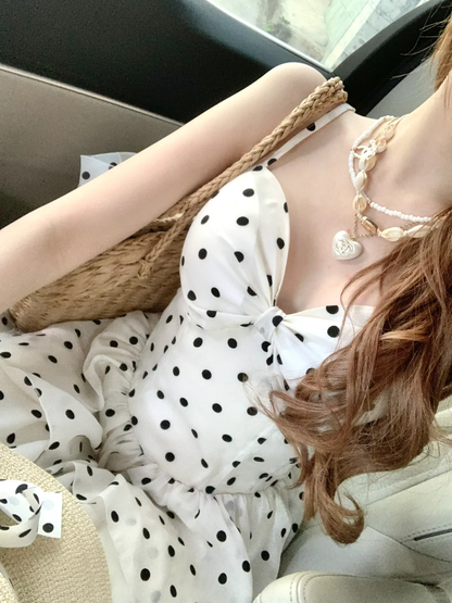 Vestido largo elegante de gasa con lunares, corte A y tirantes finos, para fiesta de graduación o noche (GG2925)