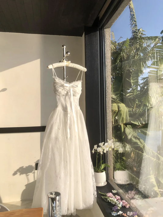 Vestido largo de fiesta, de noche y de tul blanco con tirantes finos, corte A, GG2926