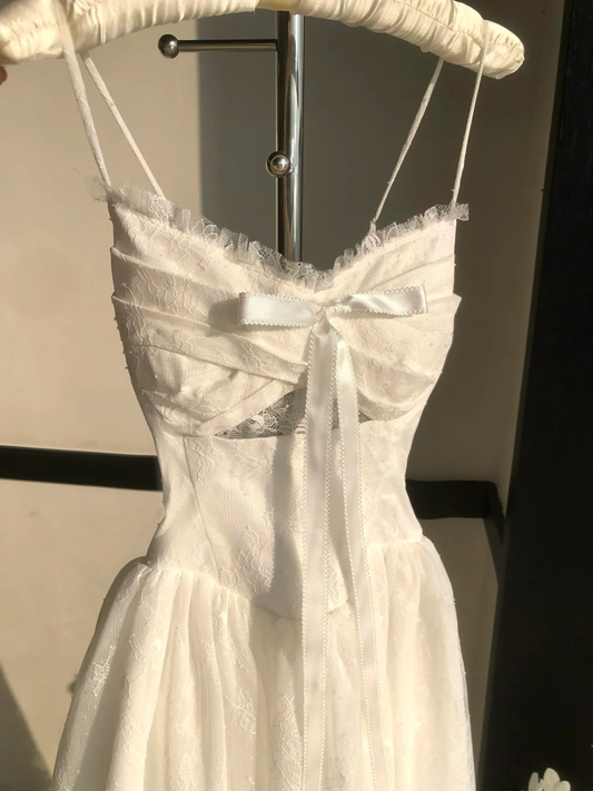 Vestido largo de fiesta, de noche y de tul blanco con tirantes finos, corte A, GG2926