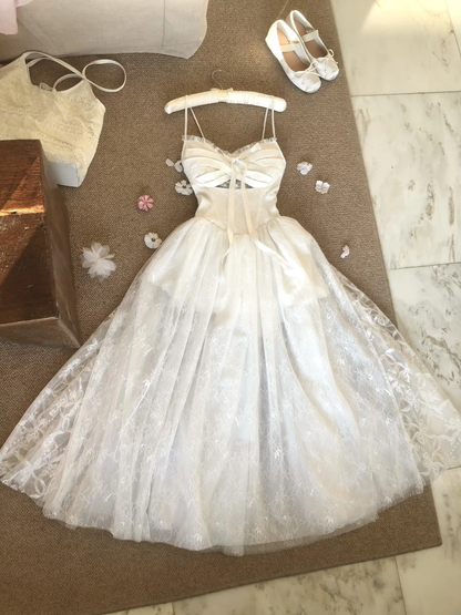 Vestido largo de fiesta, de noche y de tul blanco con tirantes finos, corte A, GG2926