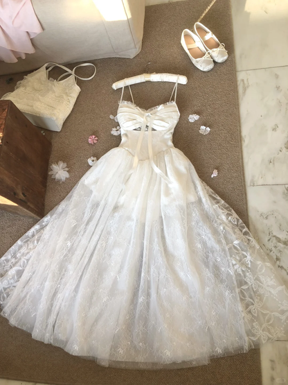 Vestido largo de fiesta, de noche y de tul blanco con tirantes finos, corte A, GG2926