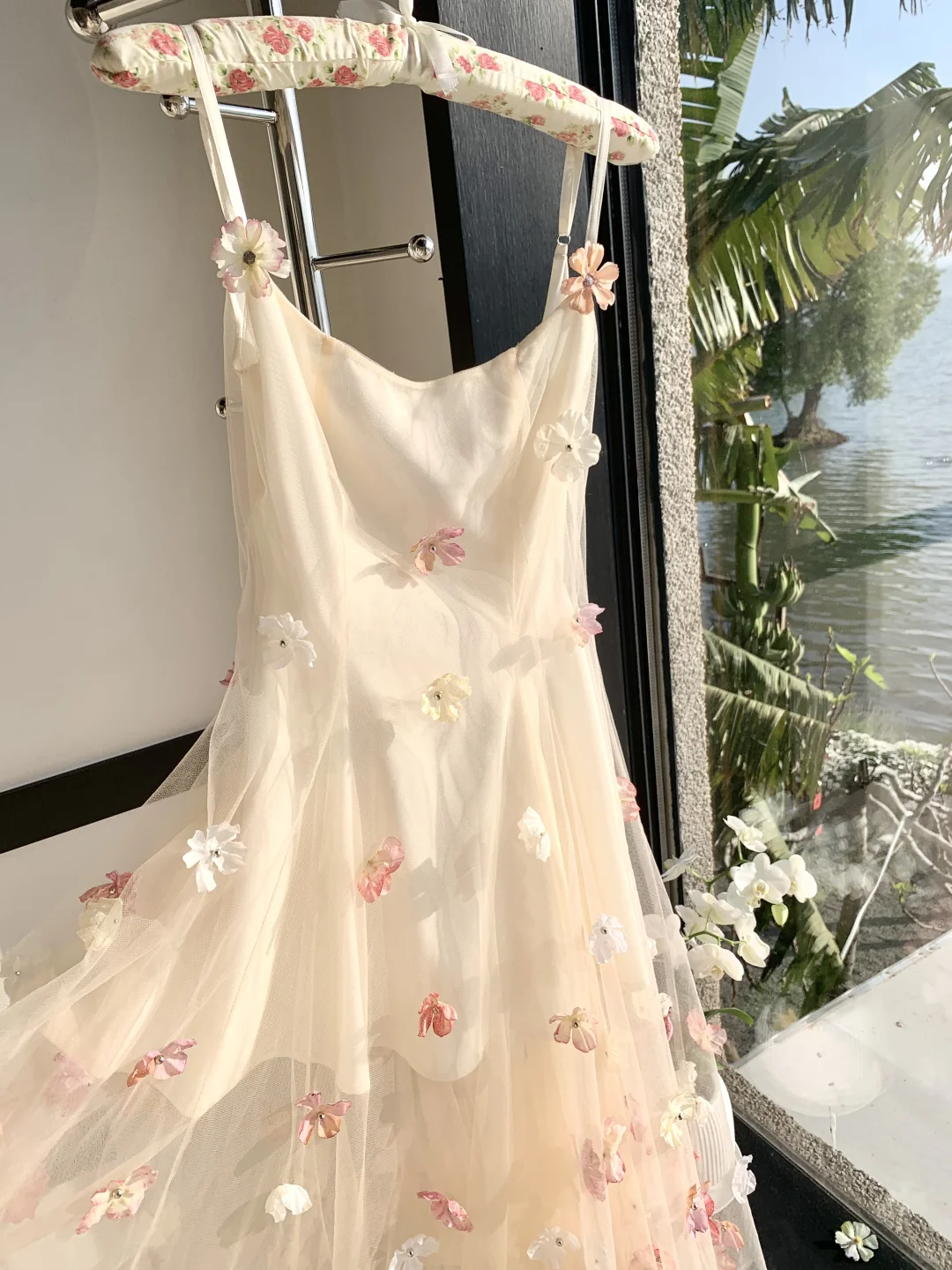 Vestido largo de fiesta, de noche y de fiesta con apliques de tul y tirantes finos, corte A, GG2928