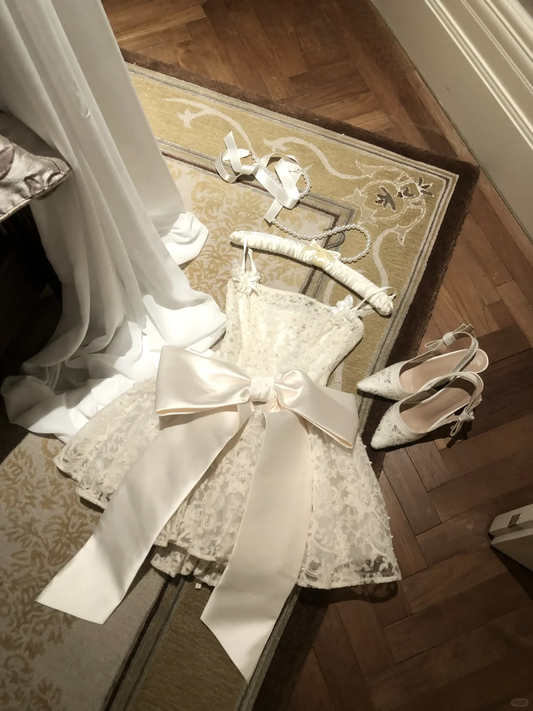 Precioso vestido de fiesta corto de encaje blanco con tirantes finos y lazo, vestido de fiesta, vestido de cumpleaños GG2929