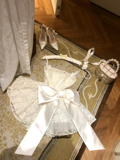 Precioso vestido de fiesta corto de encaje blanco con tirantes finos y lazo, vestido de fiesta, vestido de cumpleaños GG2929