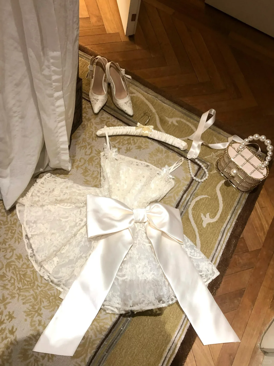 Precioso vestido de fiesta corto de encaje blanco con tirantes finos y lazo, vestido de fiesta, vestido de cumpleaños GG2929