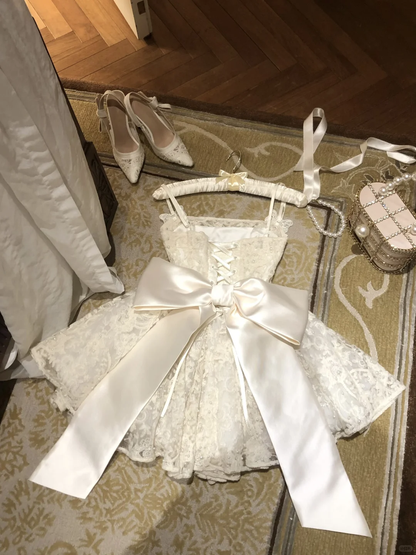 Precioso vestido de fiesta corto de encaje blanco con tirantes finos y lazo, vestido de fiesta, vestido de cumpleaños GG2929