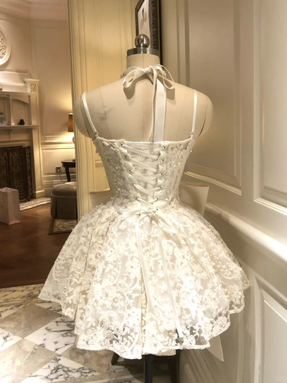 Precioso vestido de fiesta corto de encaje blanco con tirantes finos y lazo, vestido de fiesta, vestido de cumpleaños GG2929