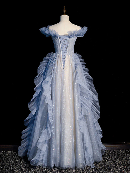 Vestido de fiesta largo elegante de tul lavanda con lentejuelas y hombros descubiertos, corte A, vestido de noche GG292