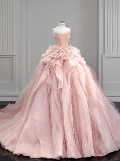Vestido de fiesta largo de tul satinado rosa suave sin tirantes, vestido de novia, vestido de noche GG2932