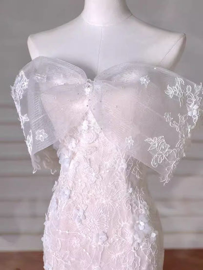 Vestido de novia de tul con encaje y hombros descubiertos de sirena de ensueño GG2937