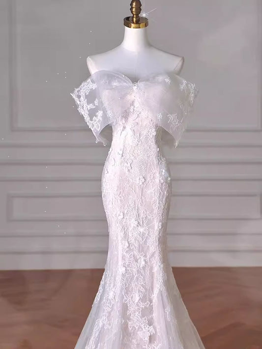 Dreamy Mermaid Off The Shoulder Tulle Lace Wedding Dress GG2937