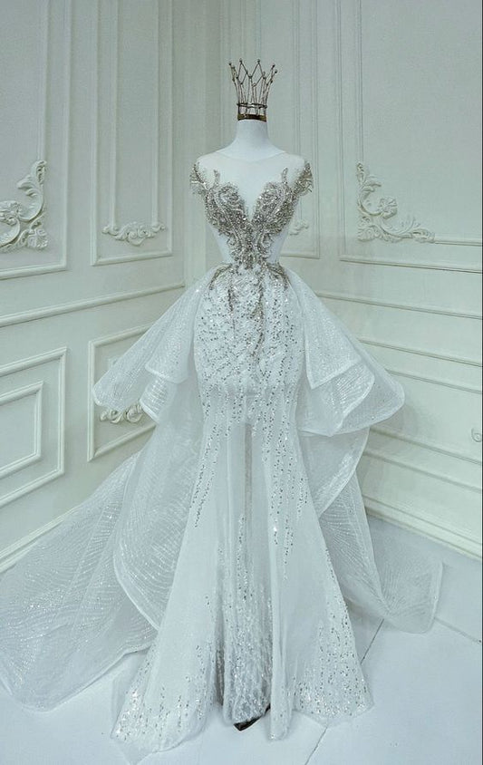 Timeless Mermaid White Tulle Sequin Long Wedding Dress GG2939