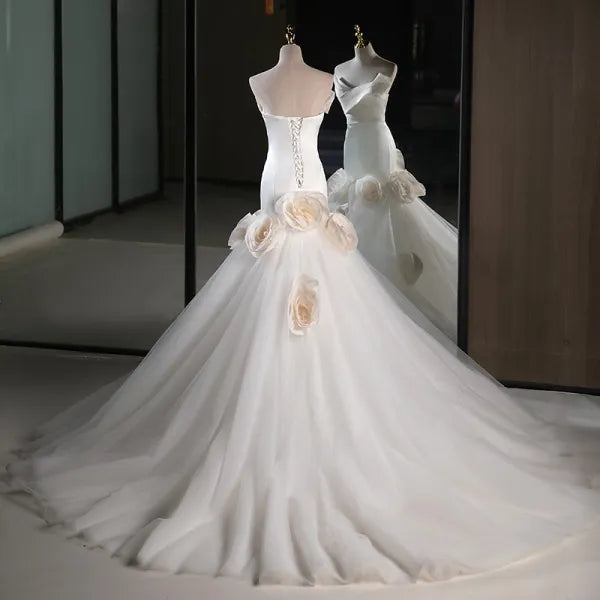 Simple Mermaid Strapless White Satin Tulle Applique Long Wedding Dress GG2943