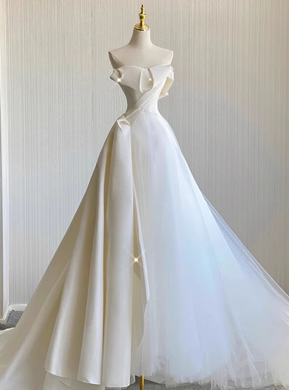 Vestido de novia vintage largo de tul blanco teñido, sin tirantes, corte A, GG2949