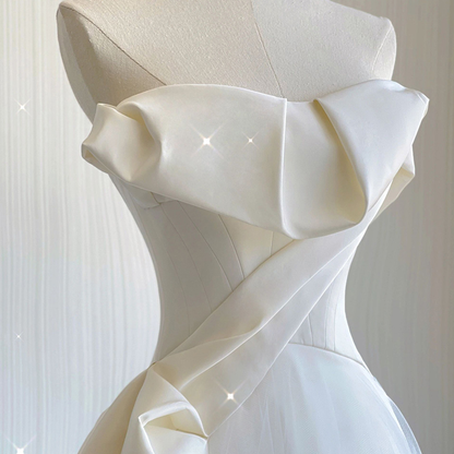 Vestido de novia vintage largo de tul blanco teñido, sin tirantes, corte A, GG2949