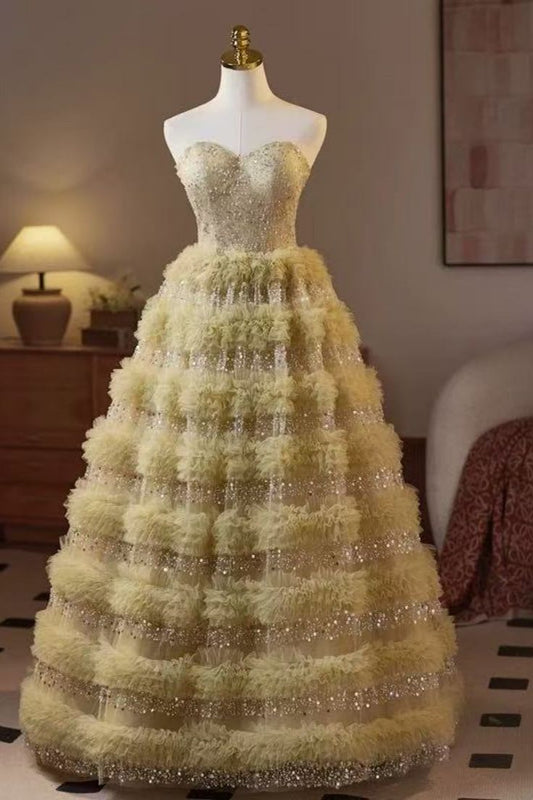 Princess Ball Gown Strapless Satin Tulle Beaded Long Wedding Dress GG2950