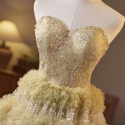 Vestido de novia largo de tul satinado con cuentas y corte princesa, sin tirantes, GG2950
