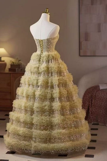Vestido de novia largo de tul satinado con cuentas y corte princesa, sin tirantes, GG2950