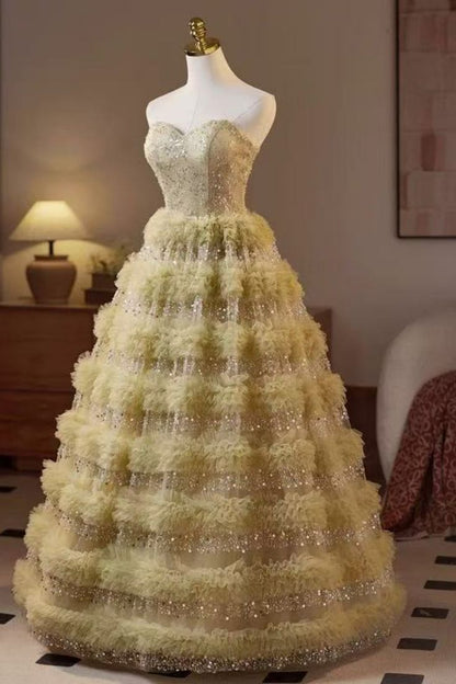 Vestido de novia largo de tul satinado con cuentas y corte princesa, sin tirantes, GG2950