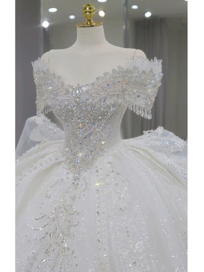 Vestido de novia largo de tul blanco con lentejuelas y hombros descubiertos, estilo clásico GG2960
