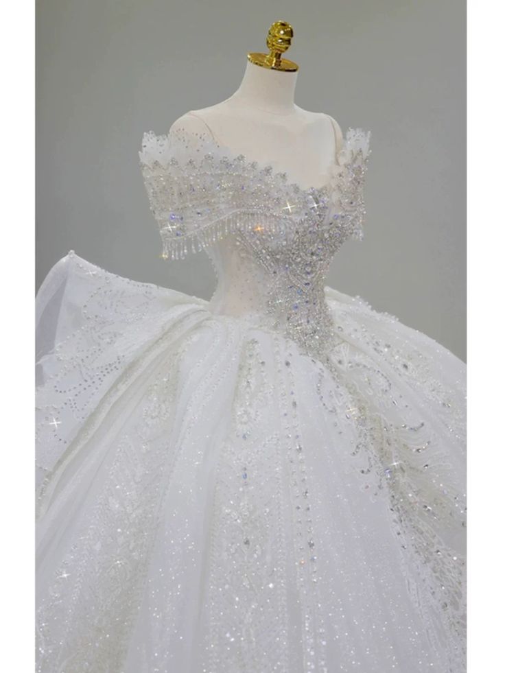Vestido de novia largo de tul blanco con lentejuelas y hombros descubiertos, estilo clásico GG2960