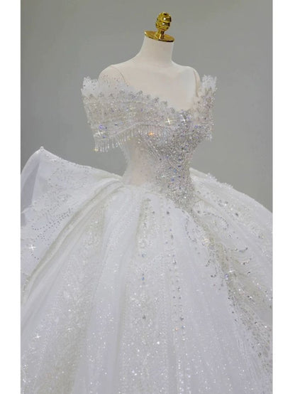 Vestido de novia largo de tul blanco con lentejuelas y hombros descubiertos, estilo clásico GG2960