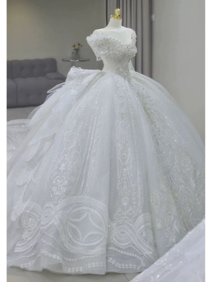 Vestido de novia largo de tul blanco con lentejuelas y hombros descubiertos, estilo clásico GG2960