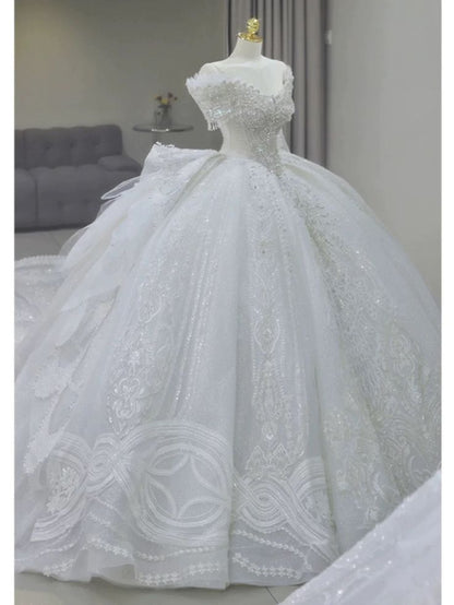 Vestido de novia largo de tul blanco con lentejuelas y hombros descubiertos, estilo clásico GG2960