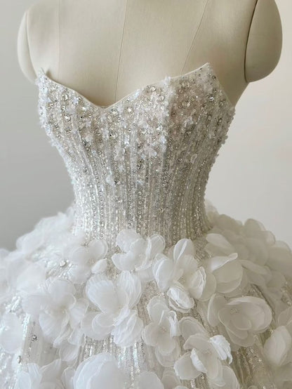 Dreamy Ball Gown Strapless Satin Sequin Applique Long Wedding Dress GG2961